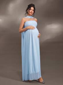 Cheriluna Maternity 聖誕派對拍照禮服 優雅性感 Baby Shower 孕婦裝 壓褶設計 純色露肩無袖套裝 淺藍色 秋季 - 淺藍色 - 查看 4