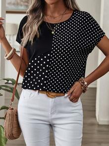 Rusticease Women's Polka Dot Print Round Neck Loose Casual Shirt, Short Sleeve,Short Sleeve Tops - Black and White - View 6
