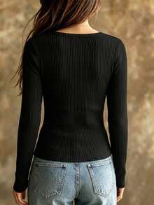 SHEIN Women's Autumn/Winter Black Mesh Patchwork V-Neck Fuzzy Ribbed Slim Fit Long Sleeve Knit Base Layer Vertical Stripe Fleece Night Out Casual Sexy - Black - View 2
