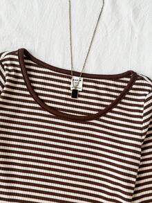 SHEIN Tween女孩童裝羅紋圓領彈性修身百搭條紋簡約對比飾邊長袖T恤，舒適秋冬/四季穿著 - 棕色 - 查看 7