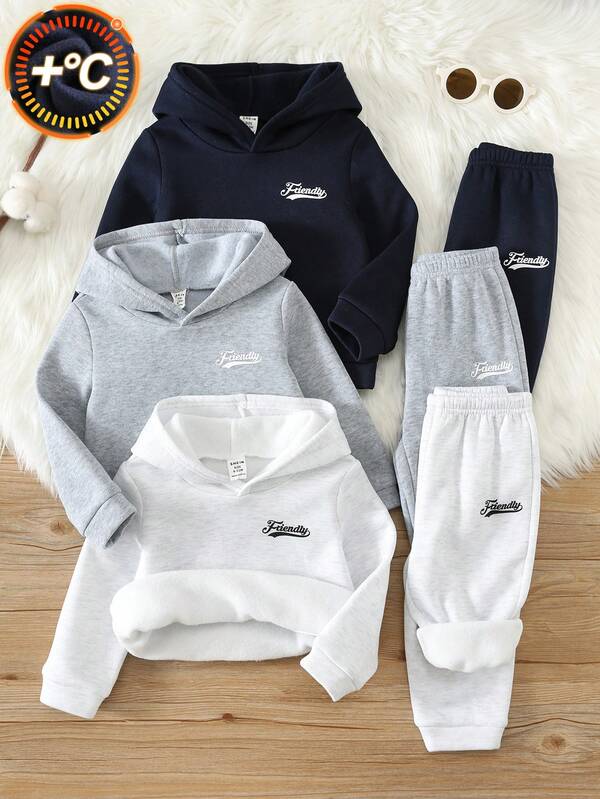 SHEIN 6pcs/Set Pakaian Bayi Laki-laki Musim Gugur/Dingin, Setelan Hoodie & Celana Panjang Kasual Lucu Serbaguna Warna Polos dengan Motif Huruf, Setelan Sweatshirt Multi-Potong Dasar, Pakaian Bayi Balita Musim Gugur/Dingin