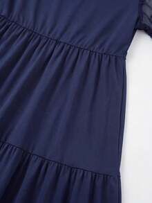 EMERY ROSE Plus Size Solid Color Round Neck Short Sleeve Ruffled Simple Casual Short Dress, For Summer - Navy Blue - View 7