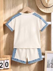 男嬰休閒極簡風 T 恤套裝，迷彩 2 件套服飾，適合夏季返校穿著 - 彩色 - 查看 2