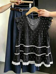 SHEIN Franclia V領百褶蕾絲拼接波浪袖黑白波點女款上衣 無袖上衣 夏季早午餐茶會復古優雅 - 黑色 - 查看 1