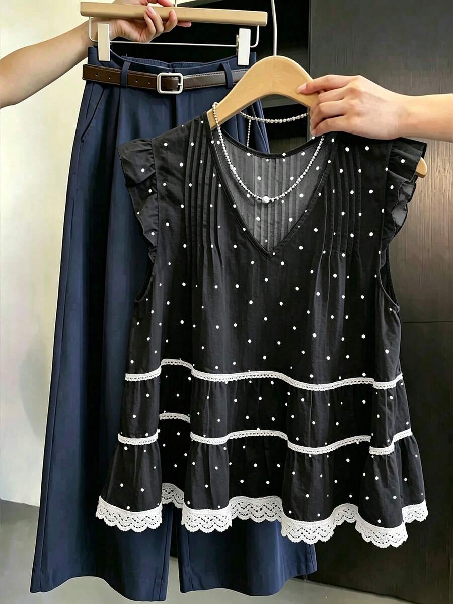 SHEIN Franclia V領百褶蕾絲拼接波浪袖黑白波點女款上衣 無袖上衣 夏季早午餐茶會復古優雅 - 黑色 - 查看 1