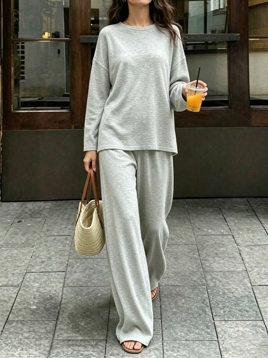 INAWLY Solva 女款純色圓領長袖上衣與長褲兩件套 - 灰色 - 查看 1