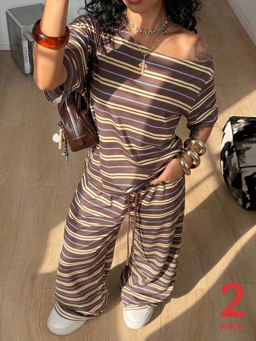 Coolane طقم نسائي من قطعتين: تي شيرت مخطط بكتف غير متماثل وبنطلون محبوك فضفاض - كاكي - مشاهدة 1