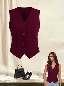Yalmera Women's Solid Color Button Formal Fitted Vest Jacket - Burgundy - View 8