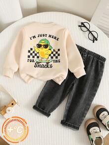 SHEIN 2pcs/Set Baby Boy Autumn/Winter Casual Cute Sweatshirt And Black Denim Jeans Outfit, Sweatshirt Set, Cute Outfit, Denim Set - Multicolor - View 4