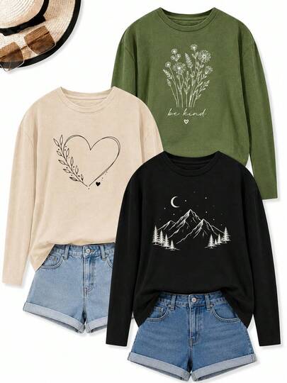 Paquete set conjunto pack3 piezas playera camiseta blusa gráfica dama mujer manga larga cuello redondo básica cómoda fresca ligera moderna juvenil casual día noche diario otoño invierno
