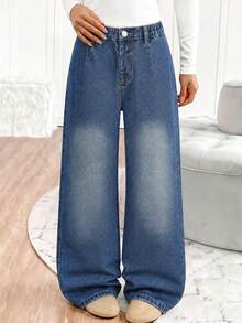 SHEIN 女童新款復古水洗藍色牛仔褲，寬鬆舒適中高腰直筒寬腿牛仔褲，貼身百搭柔軟棉質面料，適合度假、日常穿著、上學、通勤、派對、居家、節慶 - 藍色 - 查看 2