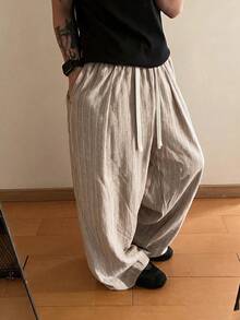 STEELVANCE Men's Drawstring Waist Striped Casual Versatile Daily Travel Long Pants - Mocha Brown - View 3