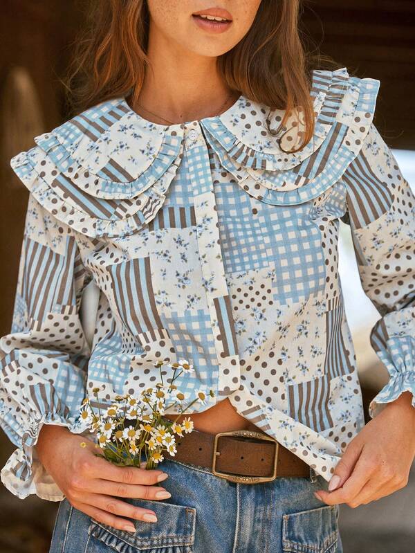 WESTFADE Blue White Collared Button Front Long Sleeve Mixed Plaid & Floral Patchwork Top, Fall, Winter, Autumn, Female Country Look, Cowgirl, Rodeo, Festival