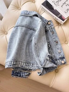 SHEIN New Girls' Floral Decor Cute Playful Denim Jacket, Soft Cotton Material, Stylish, Suitable For Holiday, Daily Wear, School, Commute, Back To School - Medium Wash - View 2