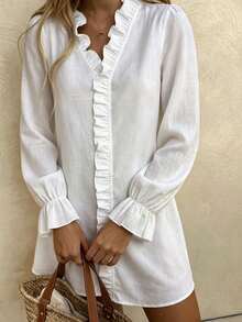 Vaclyn Women's Fashion Elegant Solid Color Frill Trim Casual Vacation Dress - White - View 5