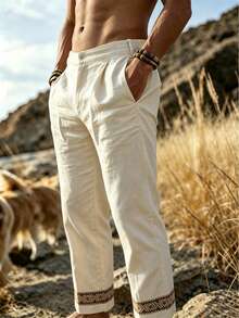 Manfinity Dauomo Men's Casual Tropical Vacation Pants With Woven Tape Decor Beach Vacation Brown Autumn - Beige - View 3