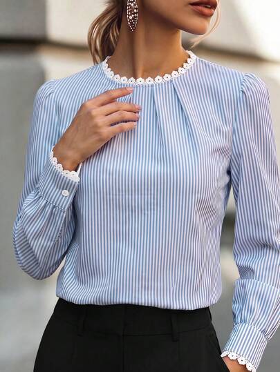 RosyDaze Elegante gestreifte Damenbluse mit Kragen, Spitzen-Patchwork und langen Ärmeln, geeignet für den täglichen Arbeitsweg, Dates und Zuhause