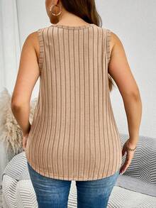 SHEIN LUNE Plus Size Solid V-Neck Rib-Knit Casual Tank Top Travel Airport - Camel - View 3
