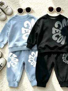 SHEIN 1 Random Set,Baby Boy Blue Letter Print Round Neck Long Sleeve Sweatshirt And Sweatpants Set Fall Autumn Back To School Rib-Knit Outfits - Multicolor - View 4