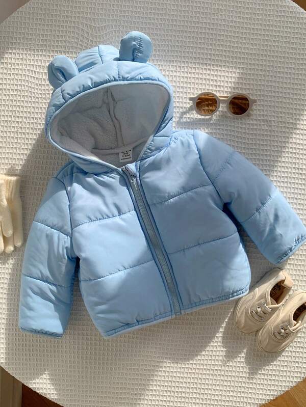 SHEIN Manteau matelassé bleu épais doublé de thermique avec oreilles d'ours pour bébé garçon/fille, manteau matelassé pour bébé, manteau d'hiver, manteau matelassé, thermique