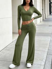 INAWLY Solva Set 2 Potong Wanita Kaos Crop Lengan Panjang Warna Polos dan Celana Longgar Pinggang Tali Serut Hijau Army Kasual Musim Gugur untuk Bersantai - Hijau Tentara - View 4