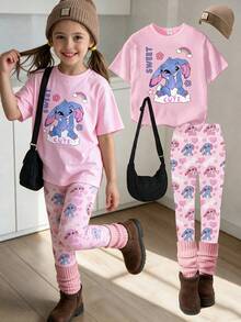 1 Set Spring Summer Autumn Young Girl Creative Personalized Cute Kawaii Blue Rabbit Pattern Casual Style Basic Short T-Shirt And Leggings Set Sets - Multicolor - View 3