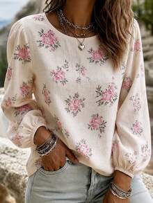 Balvessa Top col rond pour femmes en automne, blouse ample tissée à manches bouffantes vintage avec motif floral discret, chemise bohème à manches lanternes rose à motif floral discret, convient pour les trajets quotidiens et les vacances - Nude - Voir 5