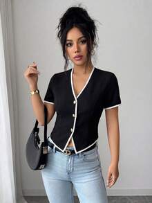 SHEIN Elenzya 經典熱銷黑白拼接V領短袖修身優雅法式休閒女式襯衫 - 黑色 - 查看 6