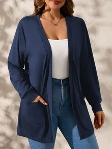 SHEIN Clasi Plus Size Black Long Sleeve Loose Knit Jacket With Pockets Winter Fall Autumn - Navy Blue - View 4