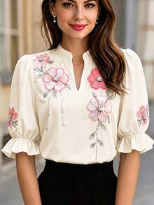Balvessa 女款缺口V領花卉印花休閒日常穿著襯衫 - 杏色 - 查看 6