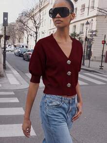 Maija Women's Solid Color Front Button Short Knit Cardigan, - Burgundy - View 2