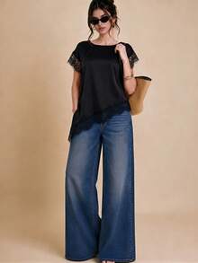 Selenza Damen Satin Design Spitze Besatz Pullover Asymmetrisch Kurzarm Asymmetrische Spitze Patchwork Lässig Minimalistisch Locker Pendeln Schwarz Hemd T-Shirt Sommer Neu - Schwarz - Übersicht 5