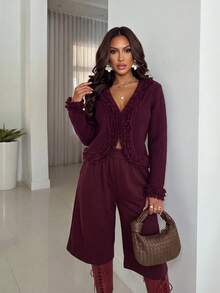 Xyvia Women's Solid Color Frill Trim Casual Versatile Daily Wear Cardigan - Burgundy - View 6