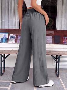 SHEIN EZwear 男士抽繩腰寬腿寬鬆休閒灰色梭織長褲 - 灰色 - 查看 2