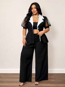 NU&NOW Plus Size Women's Short Sleeve Blazer Jacket And Loose Wide Leg Pants Dinner Formal Black Summer Elegant - Black and White - View 7