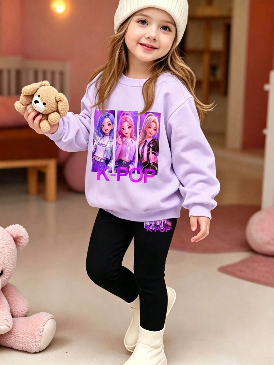 Conjunto de 2 piezas para niña con sudadera de cuello redondo color púrpura claro con estampado de ídolo de dibujos animados K-POP & leggings negros, atuendo casual para niña joven 4-7Y - Blanco - Ver 1