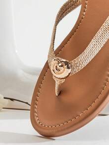SHEIN SHUZIA Women's Seashell T-Strap Round Toe Flip Flops Thong Pool Sandals - Beige - View 4