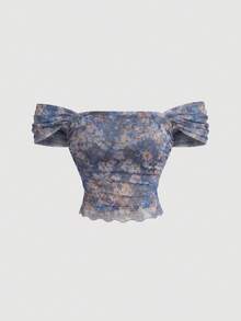 SHEIN MOD 复古绿色油画植物印花网纱两件套，露肩、美人鱼式、不对称下摆设计——完美适用于度假、约会、野餐、派对、舞会和节日庆典 - 淺灰紫 - 查看 4