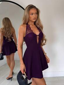 TRNVIE Women's Lace Patchwork Sexy Date Bar Party Night Short Dress Dark Purple Summer - Lilac Purple - View 4