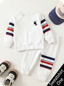 Young Boy Long Sleeve Crew Neck Sweatshirt, Classic Retro Casual Color Block Pattern Print, Exquisite Little Knight Logo Print, Suitable For Autumn/Winter, Back To School Season - Multicolor - View 4