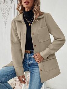 SHEIN PariChic 女款素色單排扣休閒多口袋夾克 - 駝色 - 查看 3