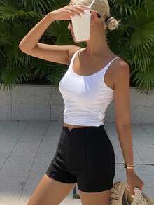 FRIFUL Women's Solid Color Fitted Shorts With Bow Decor, Suitable For Daily Wear School - Black - View 2