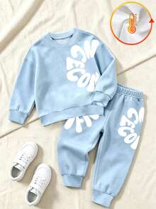 SHEIN 1 Random Set,Baby Boy Blue Letter Print Round Neck Long Sleeve Sweatshirt And Sweatpants Set Fall Autumn Back To School Rib-Knit Outfits - Multicolor - View 7