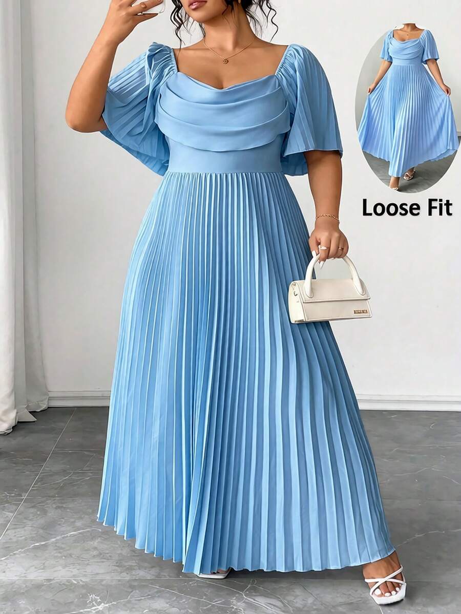 SHEIN CURVE+ Plus Size Blue Ruffled Petal Sleeve Pleated Hem Midi Dress, Suitable For Spring, Summer, Autumn - Blue - View 1