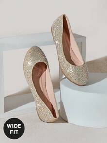 SHUZIA Women's Wide-Fit Comfortable Round Toe Rhinestone Flats Valentine's Day - Champagne - View 7