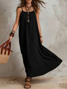 Solivie Women's Solid Color Pleated Casual Spaghetti Strap Dress For Vacation - Black - View 5