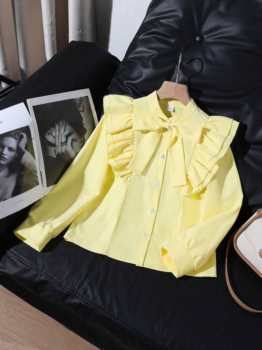 SHEIN Elladie kids 青少年女孩優雅刺繡蕾絲花瓣領公主長袖襯衫 長袖上衣 秋季服飾 教師風格襯衫 幼女適用