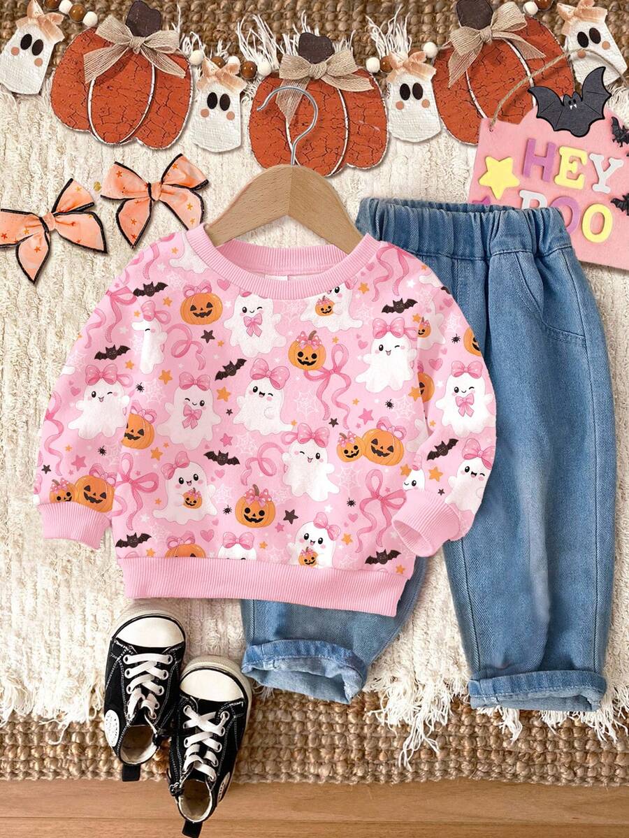 超可愛粉色萬聖節蝴蝶結南瓜、幽靈、蝙蝠圖案 Hey Bootiful! Trick Or Treat! 女嬰休閒款柔軟圓領套頭寬鬆加厚衛衣,適合秋冬日常、萬聖節、甜美女孩風、南瓜季 BOO! - 彩色 - 查看 1