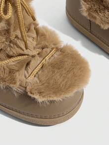 CUCCOO SZL Coffee Brown Full Plush Patchwork Mid-Calf Snow Boots For Women, Round Toe Thick Sole Flat Bottom Outdoor Winter Boots With Drawstring - Coffee Brown - View 5