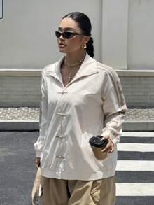 Muchica Chaqueta ligera de manga larga con diseño de botones y rayas para mujer talla grande, otoño - Multicolor - Ver 4
